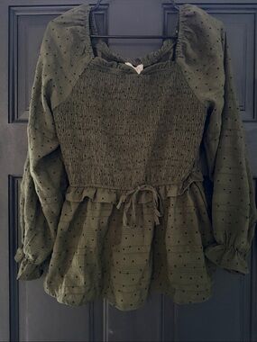 Hayden Olive Green Smocked Peplum Blouse with Dot Texture